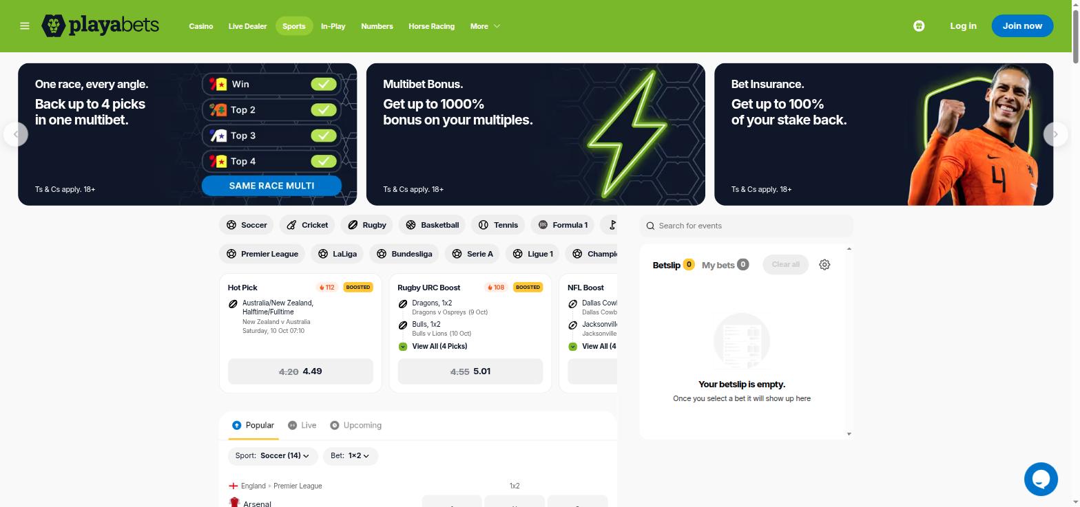 Playabets sportsbook with Multibet Bonus and Bet Insurance banners, boosted rugby and NFL picks and the bet slip