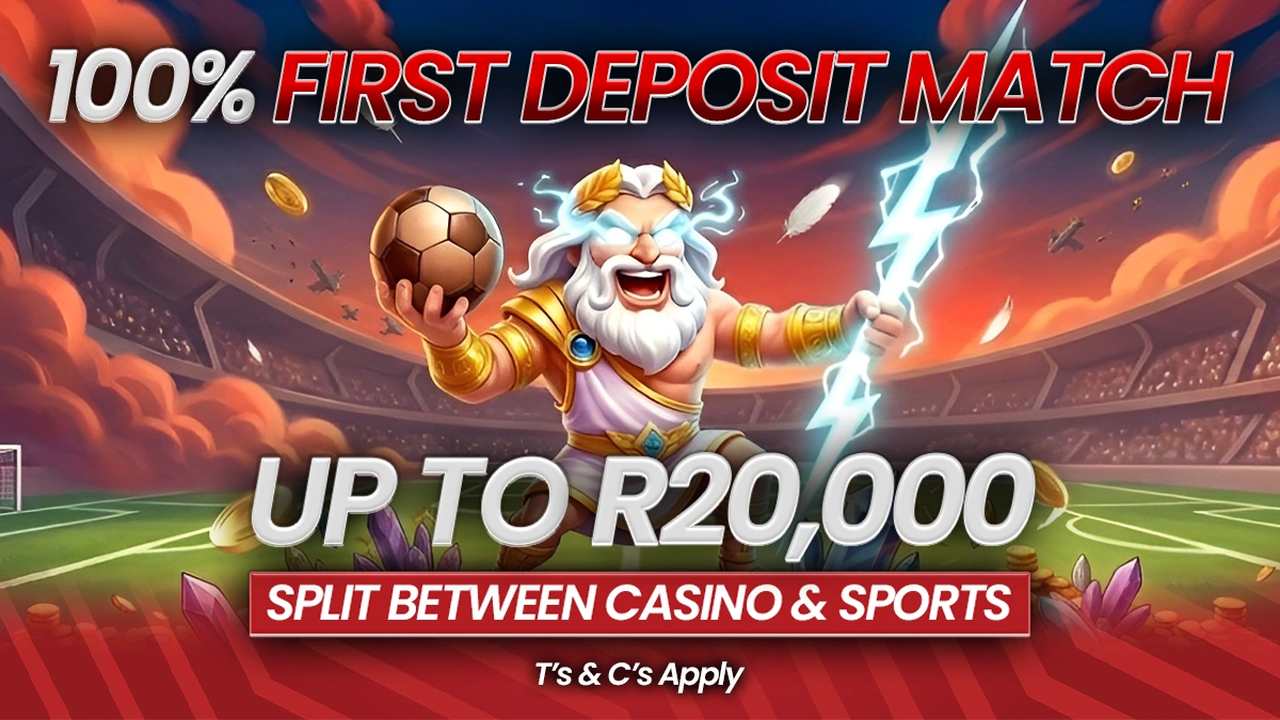 Playbet welcome banner advertising a first-deposit match up to R20,000, split between casino and sports