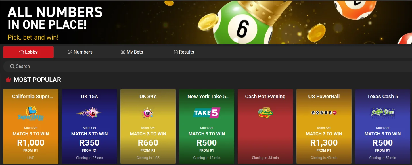 Playbet Lucky Numbers lobby with popular draws including UK 15s, UK 39s, New York Take 5, US PowerBall and Texas Cash 5, all from R1