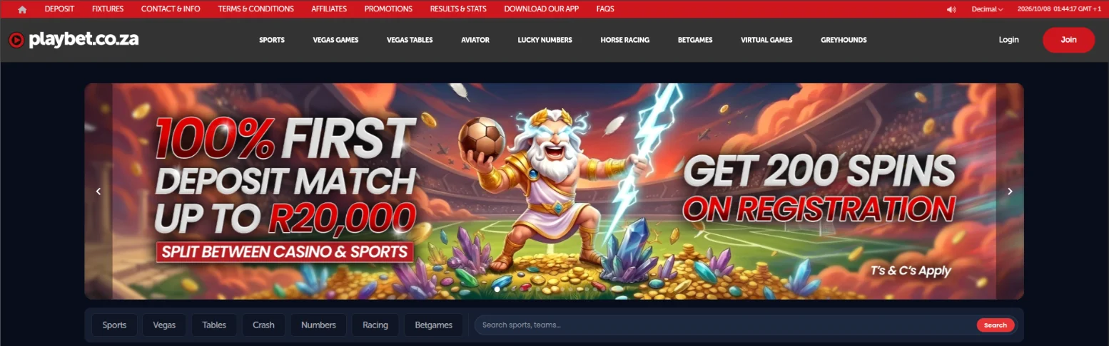 Playbet homepage with the 100% first deposit match up to R20,000 and 200 spins on registration banner, and a main menu including sports, Aviator, Lucky Numbers, horse racing, Betgames and greyhounds