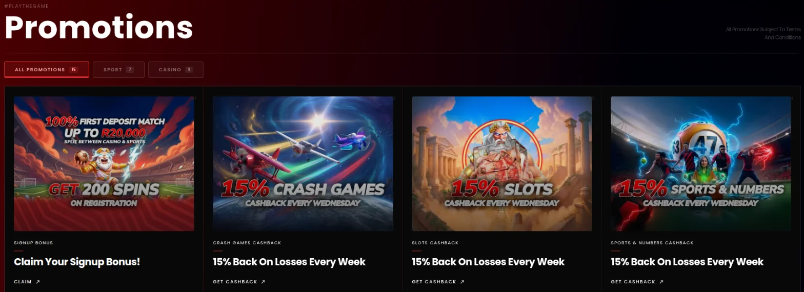 Playbet promotions page with the signup bonus card for 200 spins and a 100% first deposit match up to R20,000, followed by 15% Wednesday cashback on crash games, slots, and sports and numbers