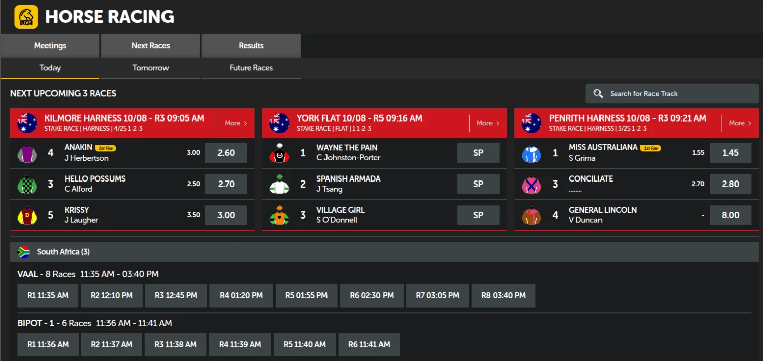 Playbet horse racing page with the next three races and fixed odds, plus South African race times at Vaal