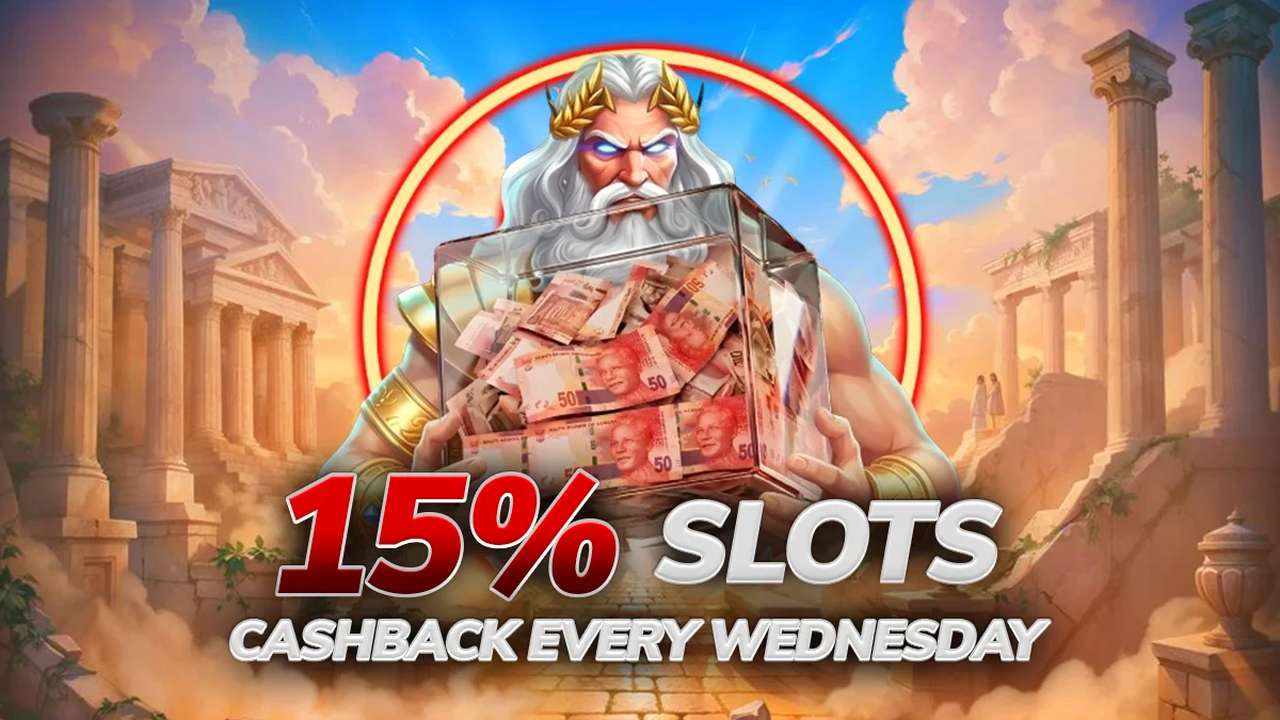 Playbet weekly slots cashback banner advertising 15% back on qualifying losses