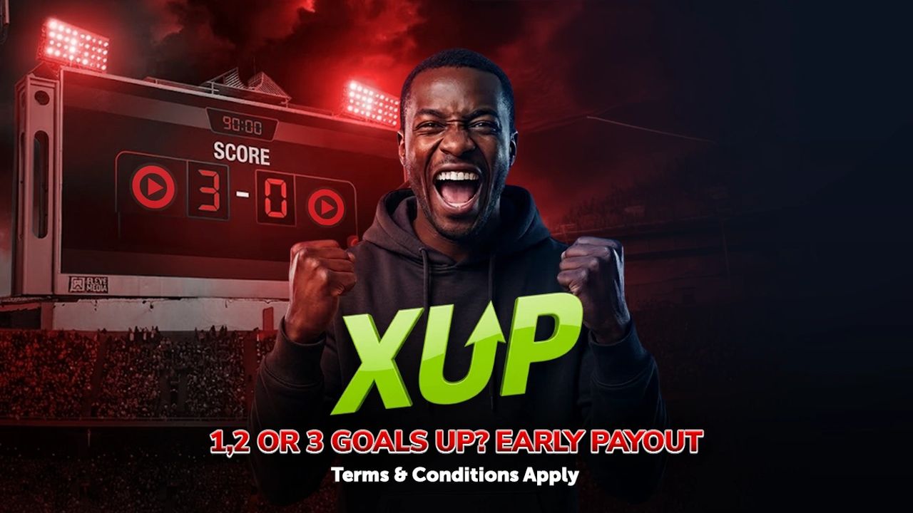 Playbet XUP early payout banner featuring one-, two- and three-goal lead offers
