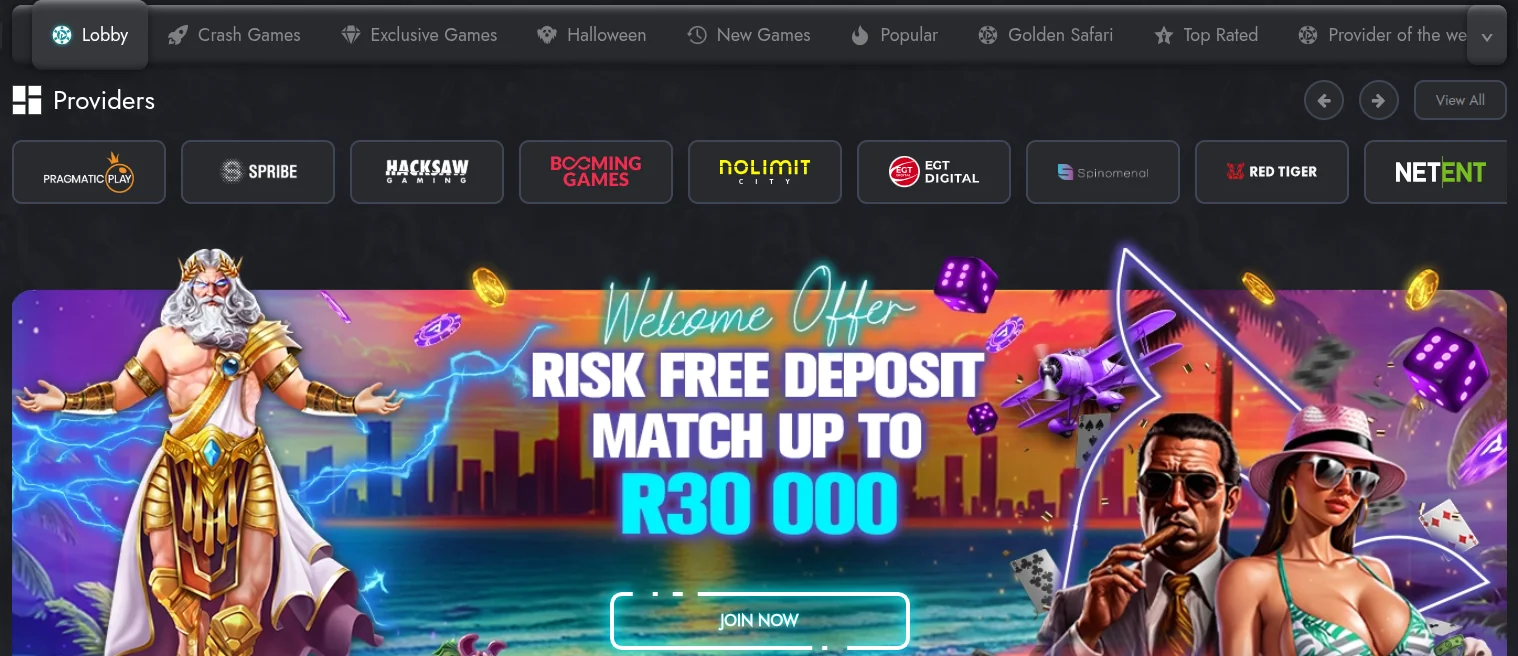 Play.co.za casino lobby with tabs for crash games, exclusive games and new games, a providers row including Pragmatic Play, Spribe, Hacksaw and NetEnt, and the welcome offer banner for a risk free deposit match up to R30,000
