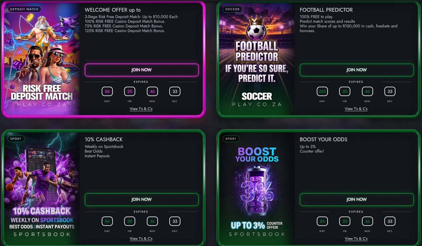 Play.co.za promotions page with the three-stage risk free casino deposit match welcome offer of up to R10,000 each, the free Football Predictor, 10% weekly sportsbook cashback and Boost Your Odds up to 3%