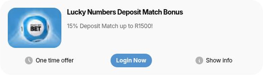 15% Lucky Numbers deposit bonus up to R1,500 at readysetbet