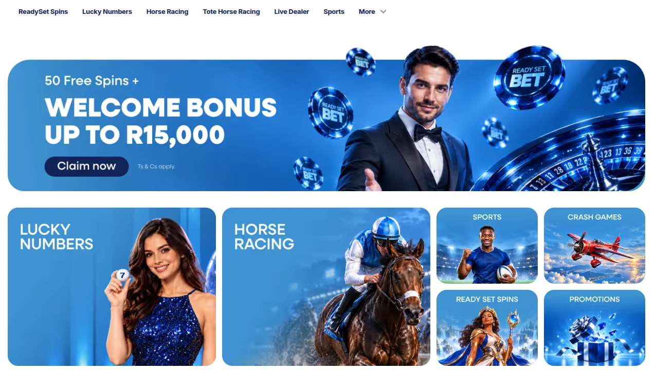 ReadySetBet homepage with the 50 free spins plus welcome bonus up to R15,000 banner, the main menu, and tiles for Lucky Numbers, horse racing, sports, crash games, Ready Set Spins and promotions