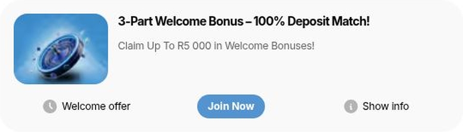 100% on your first three deposits, up to R15,000 combined at readysetbet