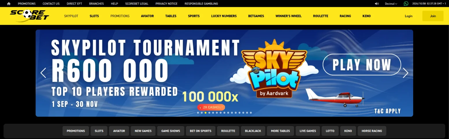 Scorebet homepage with the main menu, a SkyPilot Tournament R600 000 banner and a shortcut bar for promotions, slots, Aviator, sports, Lotto, Keno and horse racing