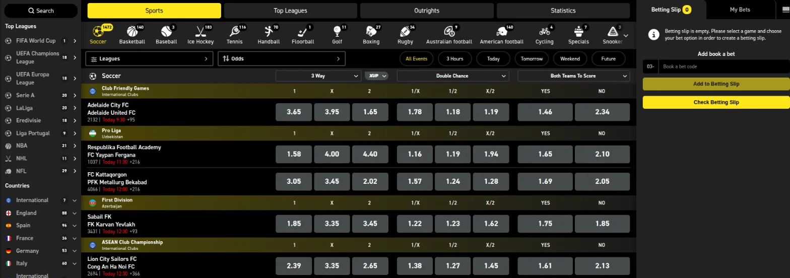 Scorebet sportsbook with top leagues and countries on the left, soccer 3 Way, Double Chance and Both Teams To Score odds in the middle and an empty betting slip with a book a bet code box on the right