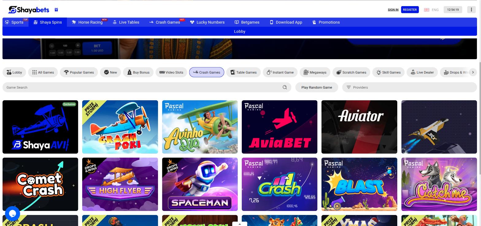 Shayabets crash games lobby with the exclusive Shaya AVI game alongside Aviator, JetX, Spaceman and other crash titles