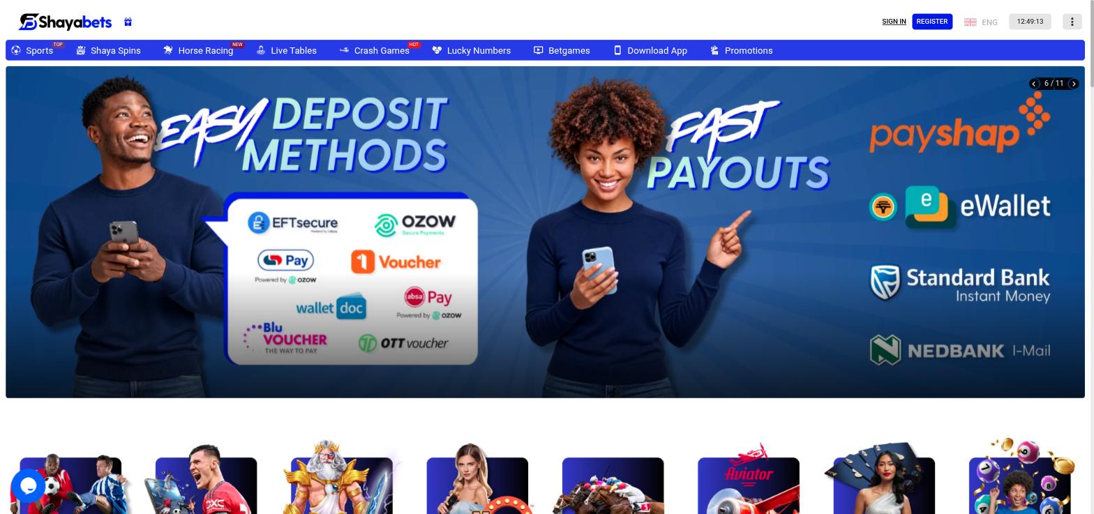 Shayabets homepage with a banner of deposit methods such as Ozow, Capitec Pay and vouchers, and payout options such as PayShap and Instant Money