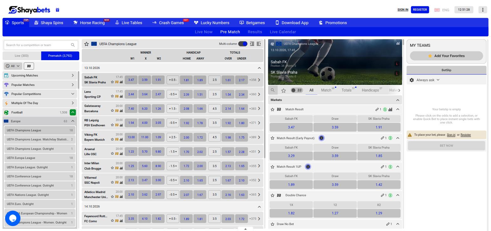 Shayabets prematch sportsbook with UEFA Champions League odds, handicap and totals markets, and a bet builder market list