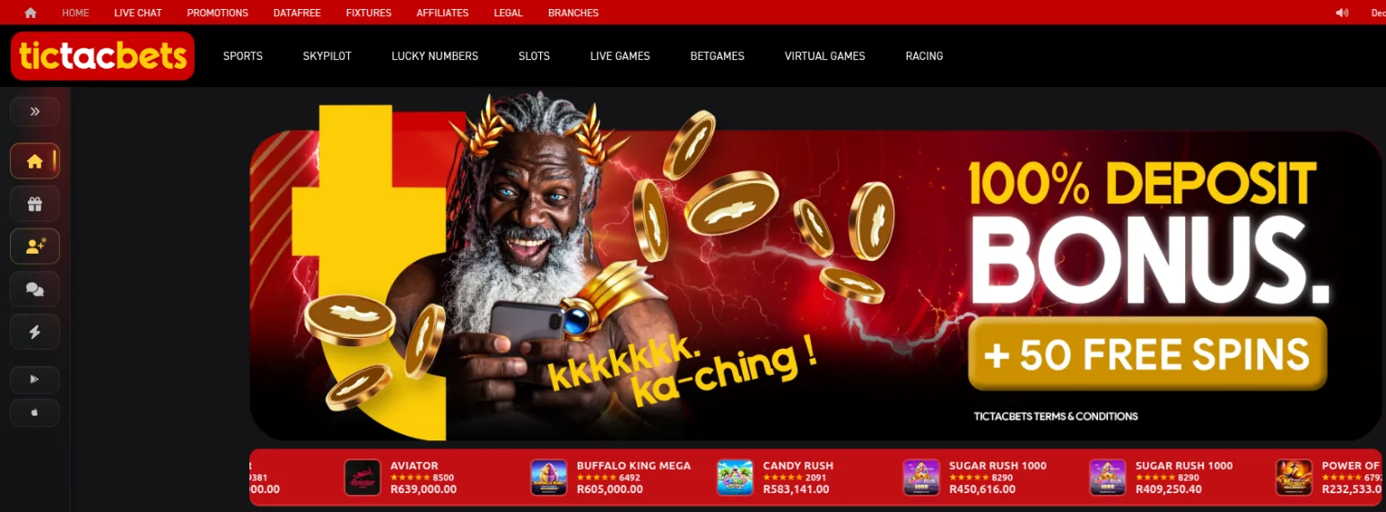 Tic Tac Bets homepage with the top menu for sports, SkyPilot, Lucky Numbers, slots, live games, Betgames, virtual games and racing, a 100% Deposit Bonus plus 50 Free Spins banner and a jackpot strip
