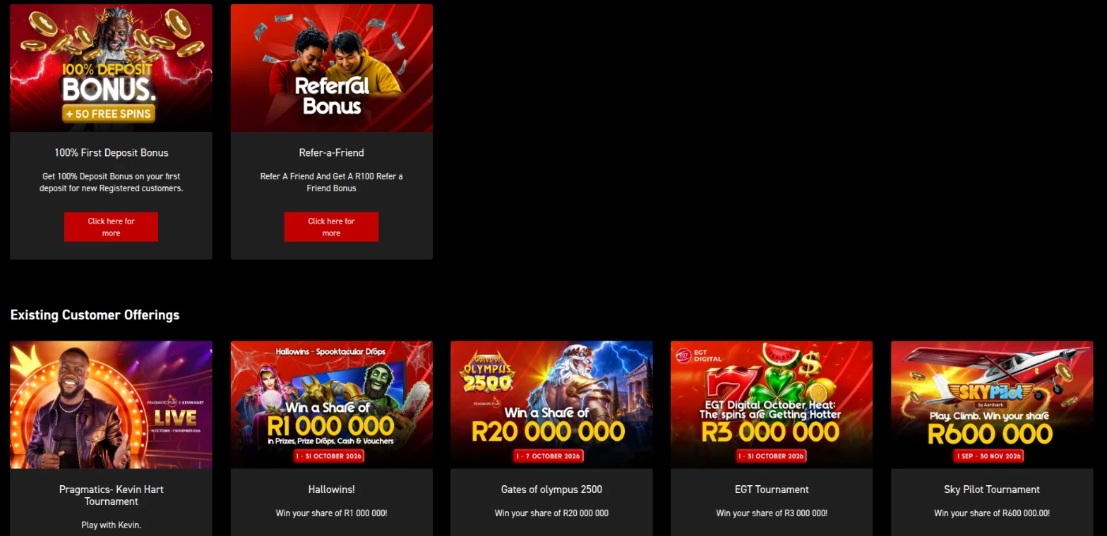Tic Tac Bets promotions page with the 100% First Deposit Bonus and R100 Refer-a-Friend offers above casino campaigns including the Kevin Hart tournament, Hallowins, Gates of Olympus 2500, EGT and Sky Pilot tournaments