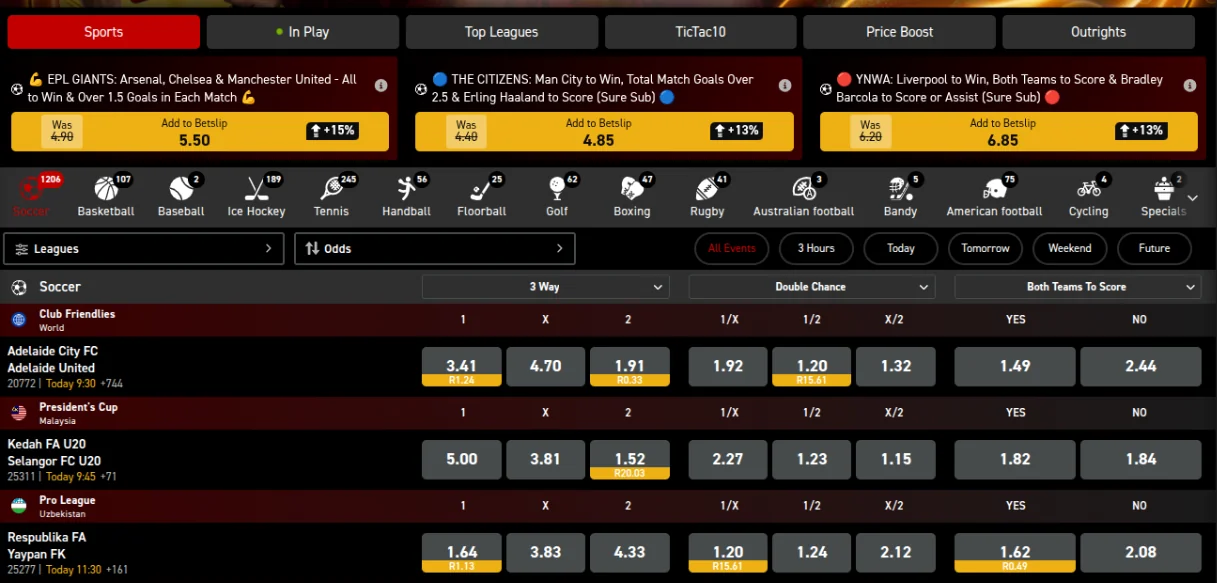 Tic Tac Bets sportsbook with Sports, In Play, Top Leagues, TicTac10, Price Boost and Outrights tabs, three boosted multis, a sports bar and soccer 3 Way, Double Chance and Both Teams To Score odds