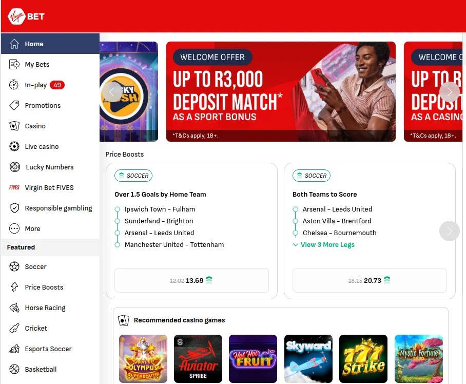 Virgin Bet South Africa homepage with the welcome offer banner for an up to R3,000 deposit match as a sport bonus, soccer price boosts, recommended casino games and the main menu
