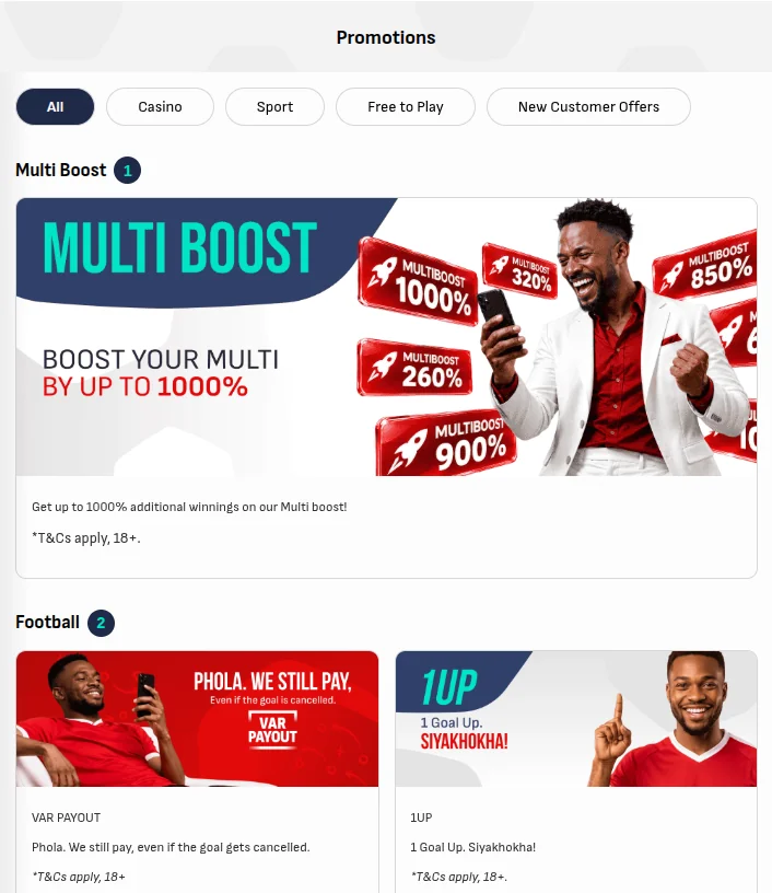 Virgin Bet promotions page with the Multi Boost offer of up to 1000% extra winnings, followed by the VAR Payout and 1UP football offers