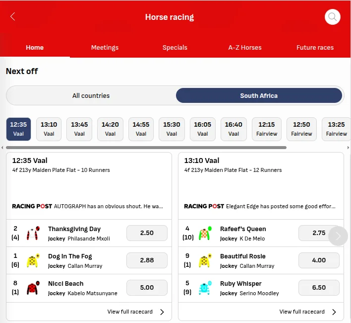 Virgin Bet horse racing page with next-off South African races at Vaal and Fairview, plus runners, jockeys and odds for the next two races