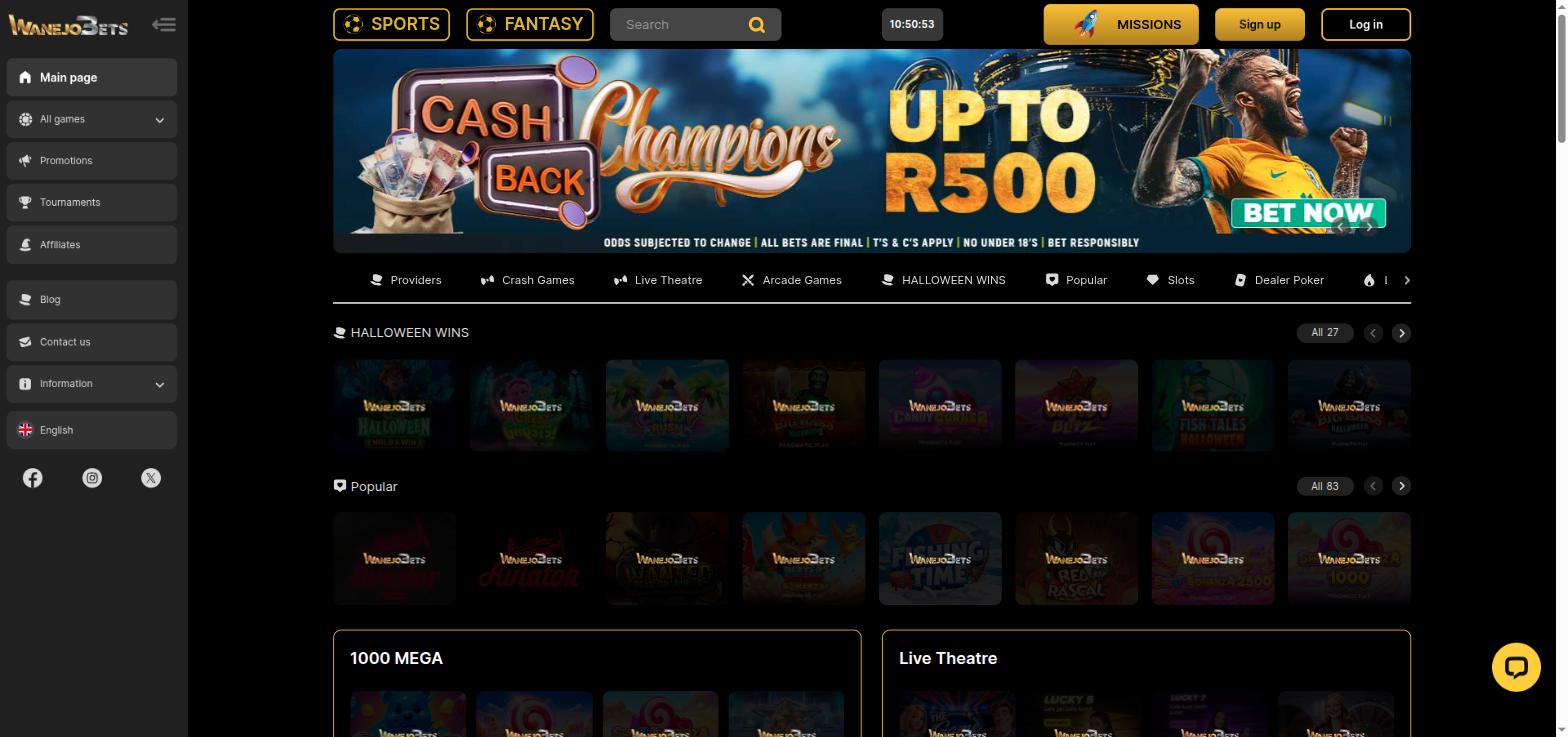 WanejoBets casino lobby with game categories such as crash games, slots and live games