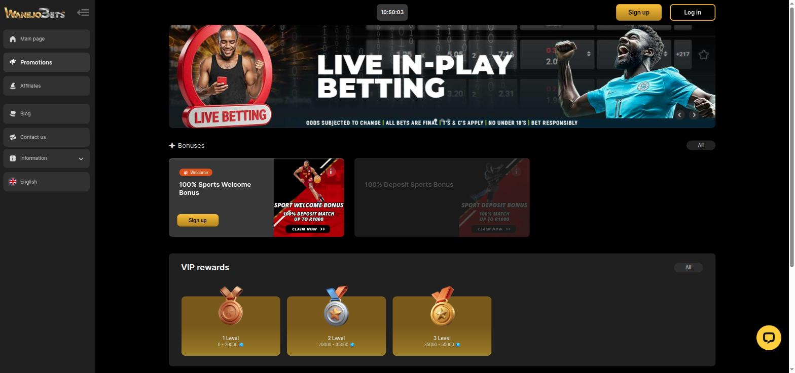 WanejoBets promotions page with the 100% sports welcome bonus up to R1,000 and three VIP reward levels