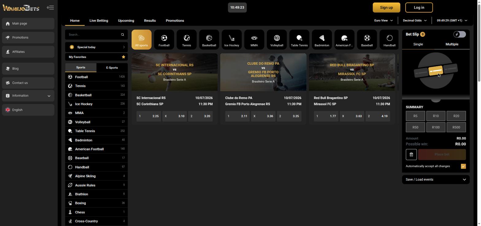 WanejoBets sportsbook with the sports list, featured football matches and the bet slip with quick stake buttons