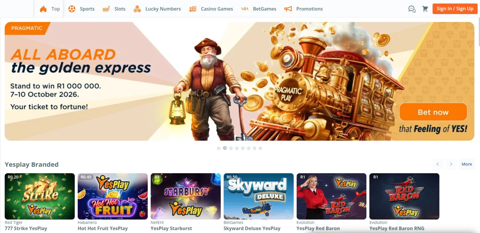 YesPlay homepage with a Pragmatic Play promotion banner, the YesPlay Branded games row and the main menu for sports, slots, Lucky Numbers, casino games, BetGames and promotions