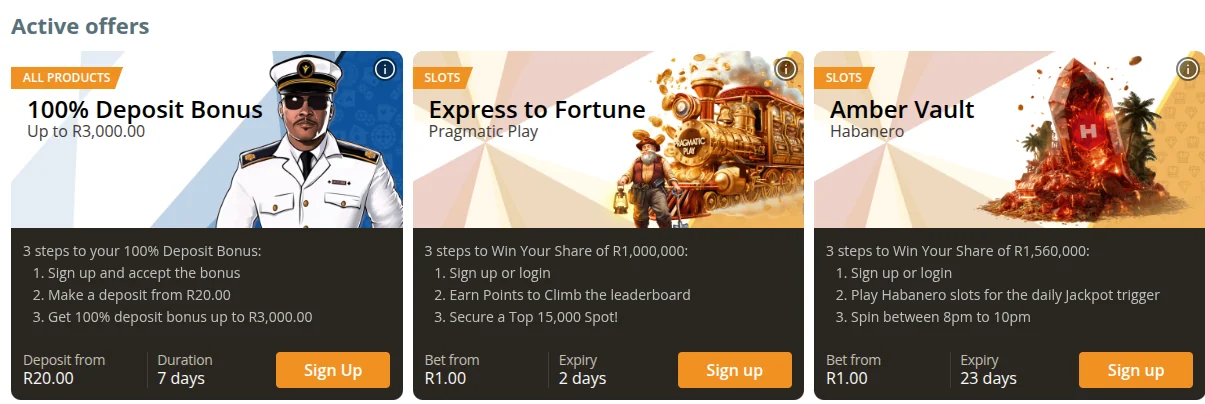 YesPlay promotions page with the 100% deposit bonus up to R3,000 from a R20 deposit, valid for 7 days, next to slots tournaments