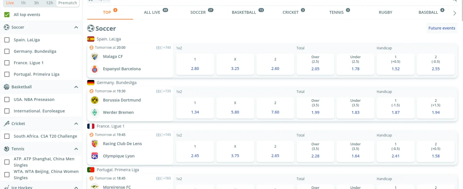 YesPlay sportsbook showing soccer matches from LaLiga, the Bundesliga, Ligue 1 and the Primeira Liga with 1x2, total and handicap odds, plus tabs for basketball, cricket, tennis and rugby