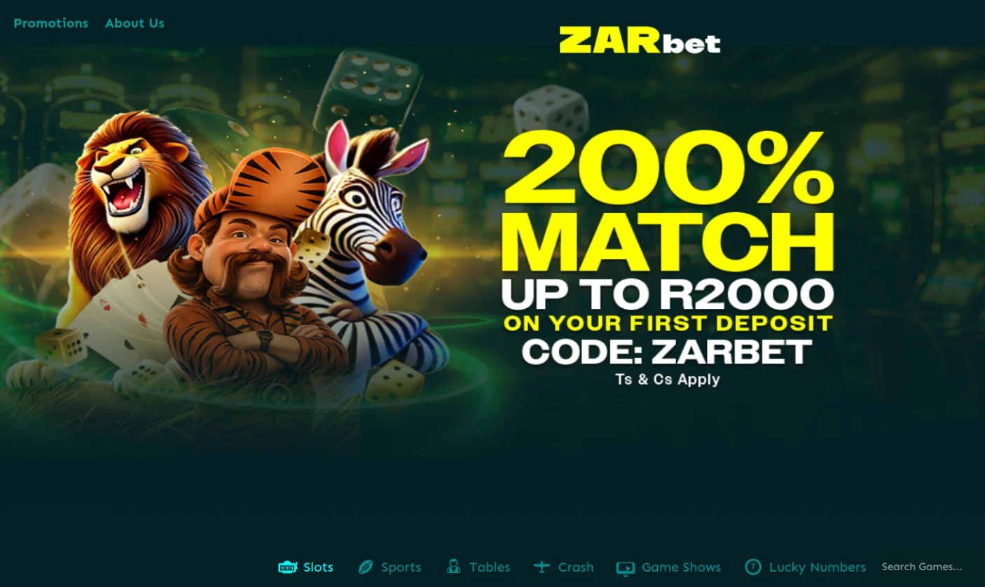 ZARbet homepage with the 200% match up to R2000 on your first deposit banner, promo code ZARBET, and game categories for slots, sports, tables, crash, game shows and Lucky Numbers