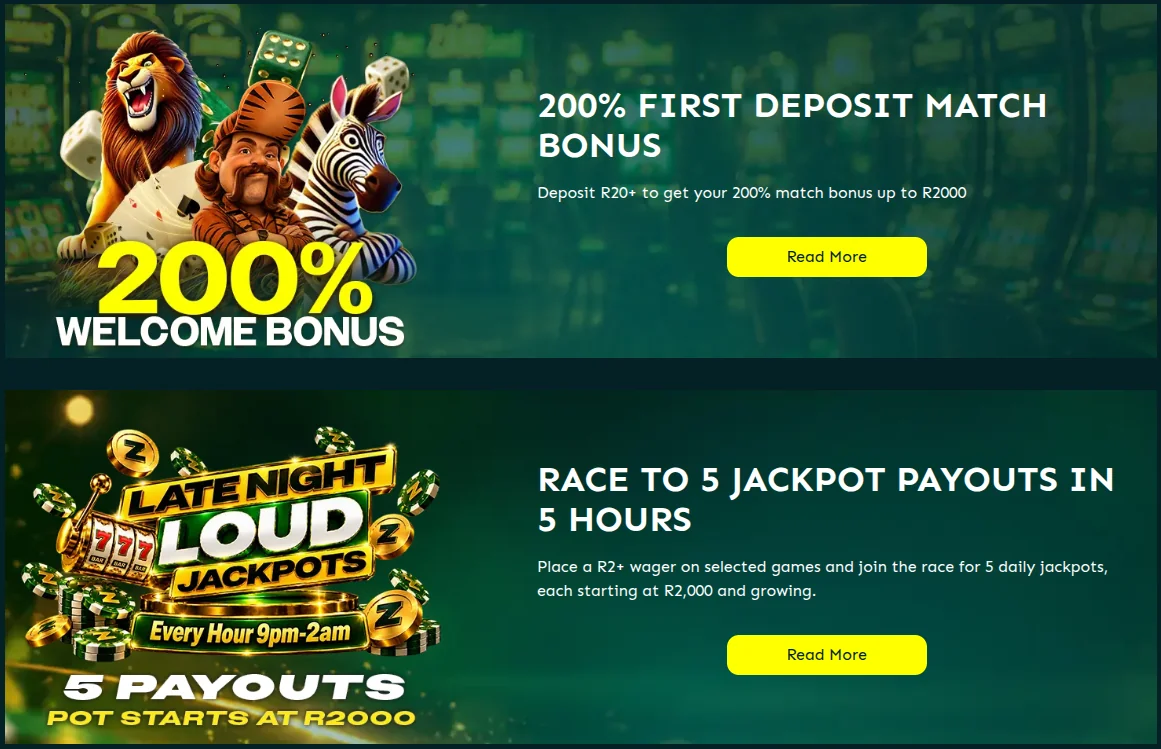 ZARbet promotions page with the 200% first deposit match bonus up to R2000 from a R20 deposit and the Late Night Loud Jackpots race to five jackpot payouts
