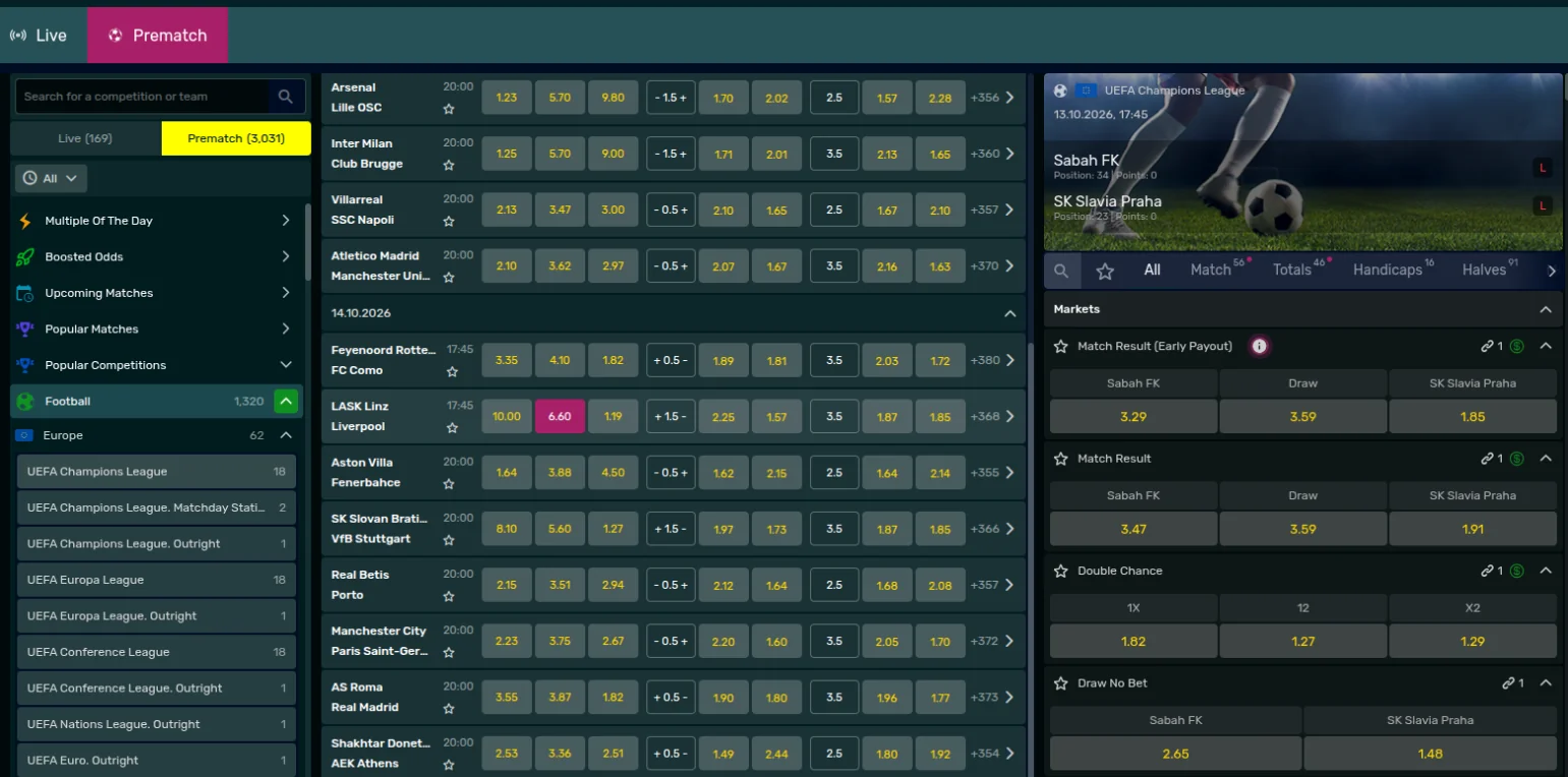 ZARbet sportsbook with Champions League prematch odds, a match page with a Match Result (Early Payout) market, and a side menu with Multiple Of The Day and Boosted Odds